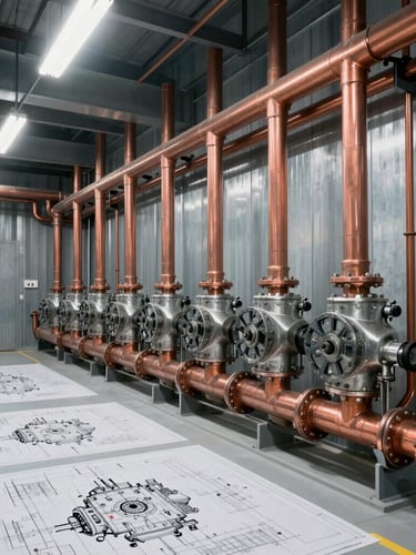 Wide environmental shot of a clean commercial mechanical room, neatly routed copper piping running along a galvanized steel wall, bright utility lighting, high contrast, technical blueprint feel.