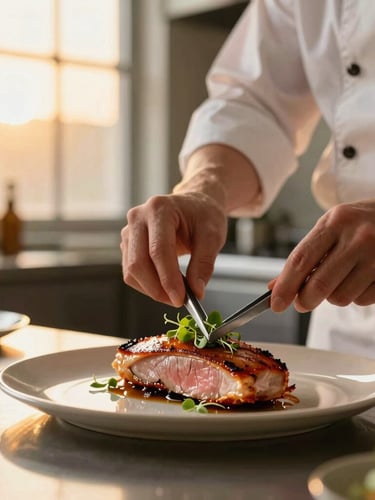 A professional chef in a clean, modern kitchen carefully placing microgreens on a beautifully seared duck breast with tweezers, soft golden-hour window light, shallow depth of field