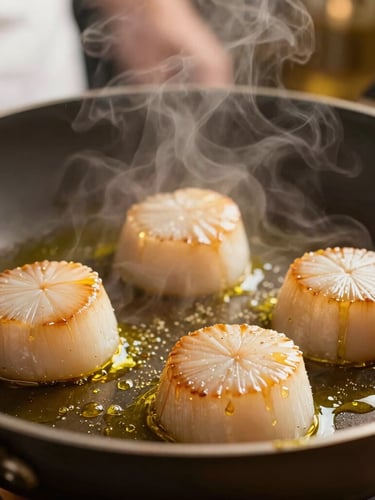 Close-up macro shot of a chef searing fresh scallops in a hot pan, olive oil glistening, warm ambient kitchen lighting, elegant steam rising, shallow depth of field.