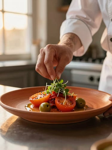 A professional chef in a warm home kitchen, delicately plating a vibrant terracotta-colored heirloom tomato dish with microgreens, soft golden-hour window light, shallow depth of field, 35mm photography.