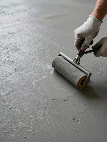 Close-up overhead of a roller applying consolidant to a smooth microcement floor surface, matte gray micro-finish texture visible under diffuse natural light, hands in work gloves, real-space application context