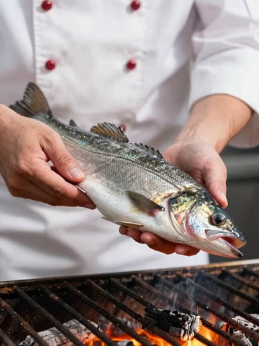 Crisp editorial food photography, close-up of a chef's hands placing a whole wild sea bass onto a roaring open fire grill, glowing orange embers, bright natural daylight, high-contrast.