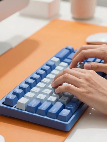 Close-up of hands typing on a sleek mechanical keyboard, bright daylight, vibrant orange accent backdrop, clean modern desk setup.