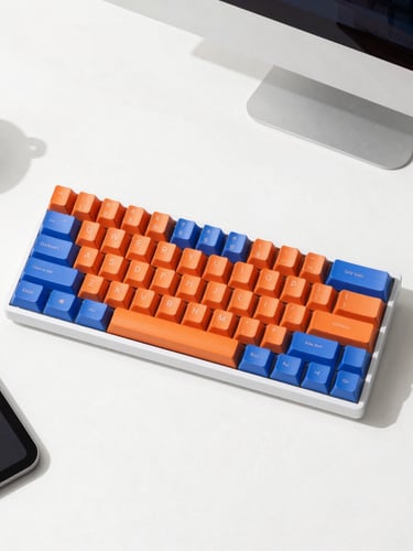 Overhead flat-lay of a clean modern workspace, sleek mechanical keyboard, minimalist digital tablet, bright high-key daylight, crisp shadows