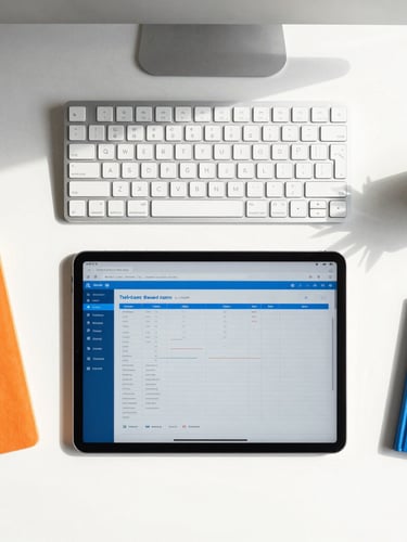 Overhead flat-lay of an organized modern workspace, sleek keyboard, digital tablet showing structured workflows, bright high-key lighting with crisp shadows, electric blue accents.