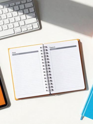 Overhead flat-lay of a clean, organized modern workspace with a sleek keyboard, digital planner on a tablet, crisp natural daylight, vivid orange accents