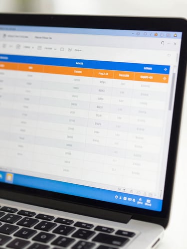 Tight macro shot of a sleek modern laptop screen showing structured database columns, bright high-key daylight, electric blue accents, 35mm