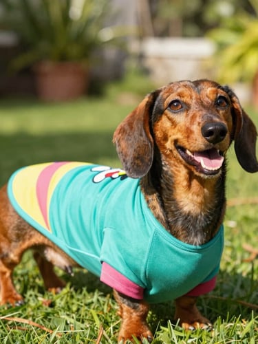 Bright joyful dachshund wearing a colorful custom-fit teal shirt in a sunny garden, eye-level candid shot, warm natural light, 35mm.