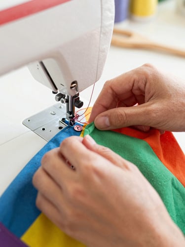 Close-up of hands carefully stitching a colorful fabric garment with a sewing machine in a bright workshop, soft warm daylight, focus on the fabric texture
