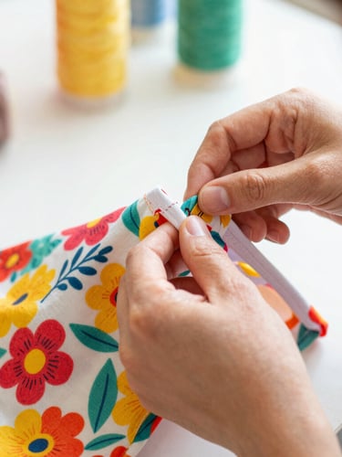 Close-up of hands carefully sewing a colorful floral pet shirt in a bright workshop, warm daylight, focus on stitching detail.