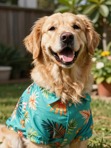 Candid eye-level shot of a happy golden retriever wearing a colorful tropical teal shirt in a sunny garden, warm natural daylight, 35mm