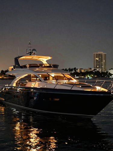 Low-key dramatic night shot of a sleek black yacht deck illuminated by warm golden interior lights, calm Miami harbor water reflecting champagne tones, 35mm anamorphic framing