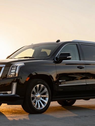 A pristine black Cadillac Escalade parked on a private airport tarmac in Miami under dramatic sunset lighting, warm golden hour glow, high-contrast reflections on polished black paint.