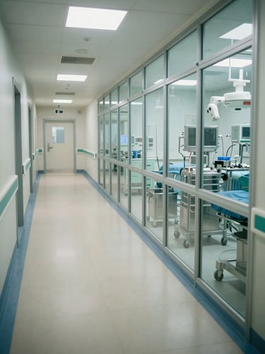 Wide shot of a modern hospital operating theatre corridor, clinical overhead lighting, stainless steel equipment visible through glass panels to the right, empty hallway receding into depth, flat daylight color temperature