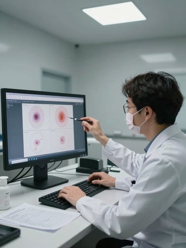 Medium shot of a fertility specialist reviewing embryo culture results on a monitor in a clinical consultation room, lit with flat overhead daylight, white coat, charts visible on desk surface, cool gray walls