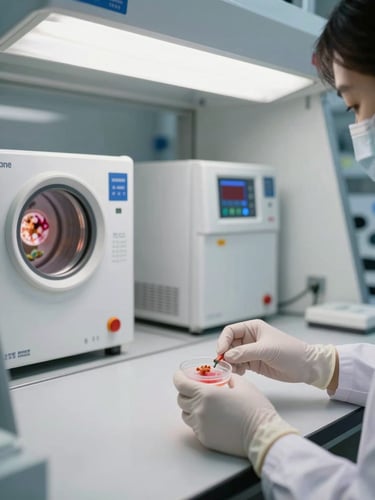 Close-up panoramic view of an embryology laboratory bench, a gloved embryologist handling a culture dish under a laminar flow hood, IVF incubator units with digital readouts in the background, flat clinical overhead lighting on white and stainless steel surfaces