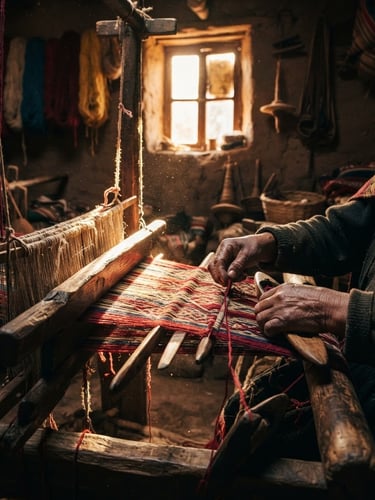 Cinematic close-up of a master weaver's hands working on a wooden loom, warm golden-hour light illuminating the intricate threads and dust motes in a historic Andean workshop.
