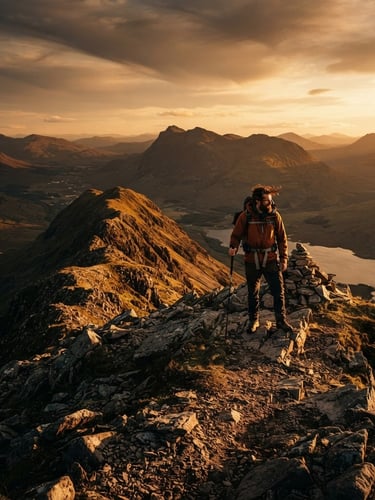 A lone explorer standing on a high windswept ridge in the Scottish Highlands, dramatic golden-hour light casting long shadows, deep rich tones, cinematic editorial photography