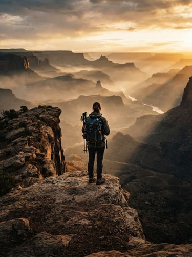 A lone explorer standing on a high ridge overlooking a vast, misty golden-hour canyon, deep shadows, cinematic travel photography