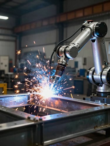 A robotic arm welding a heavy steel frame in an industrial workshop, dramatic sparks flying, high-contrast workshop lighting, metallic reflections.