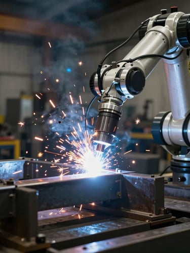 Close-up of industrial robotic arm welding heavy steel frame, dramatic high-contrast workshop lighting, bright sparks flying, metallic reflections, 35mm lens.
