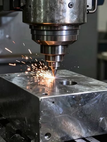 Heavy CNC milling machine cutting a massive steel block, high-contrast industrial workshop lighting, sparks and metallic reflections, 35mm lens