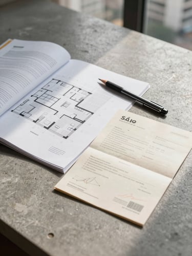 Overhead flat-lay on a matte concrete desk surface showing an open site plan document, a mechanical pencil, and a folded property deed, natural indirect window light casting soft shadows, no people, São Paulo urban context visible through blurred background