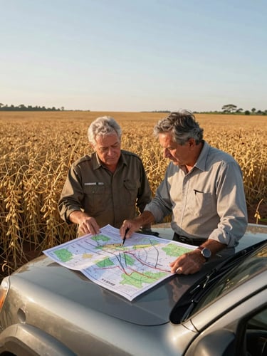 Wide environmental shot: a senior rural consultant in field attire reviewing a printed technical map spread across the hood of a utility vehicle, parked at the boundary of a large soybean field in Goiás, clear morning light, horizon visible, no staged posture