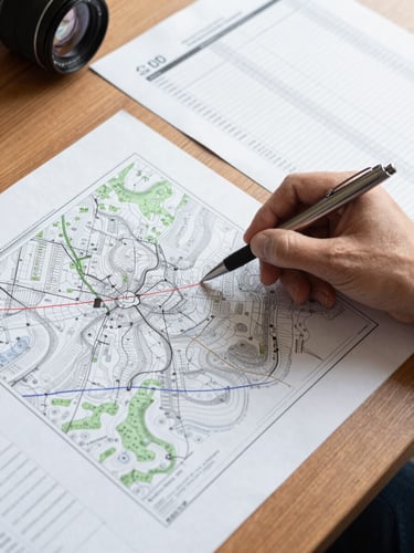 Close overhead study shot of technical property appraisal documents, topographic maps, and soil data sheets spread on a wooden desk under clean office daylight, a hand with a pen pointing at boundary coordinates on a printed map
