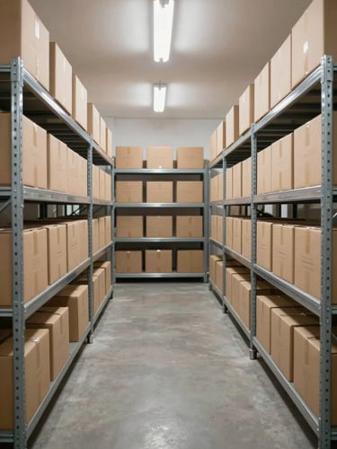 Straight-on view of an organized stockroom interior with labeled cardboard boxes stacked on metal shelving units, bright overhead fluorescent lighting, clean concrete floor, no people