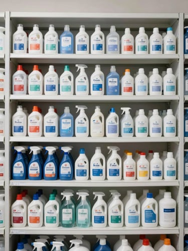 Straight-on photograph of a neatly organized institutional supply shelf, rows of labeled cleaning product bottles and containers arranged in precise lines, bright neutral studio lighting, clean white shelving, no people