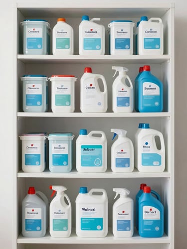 Straight-on shot of a neatly organized storage shelf with clearly labeled cleaning supply containers and hygiene product boxes stacked in rows, bright neutral studio lighting, crisp white background, no shadows