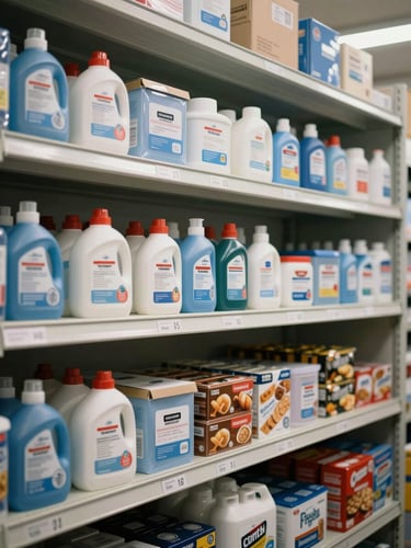 Straight-on photograph of a well-organized stockroom shelf holding labeled supply boxes — cleaning products on one level, snack kit cartons on another, all neatly aligned under bright fluorescent warehouse lighting with clear product labels facing forward