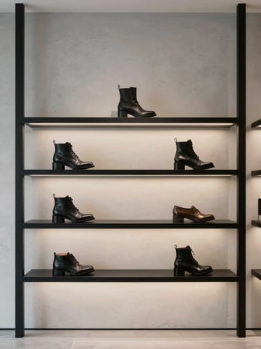 Elegant premium shoe store interior with minimalist black shelves, soft golden ambient lighting, modern concrete walls, vertical framing