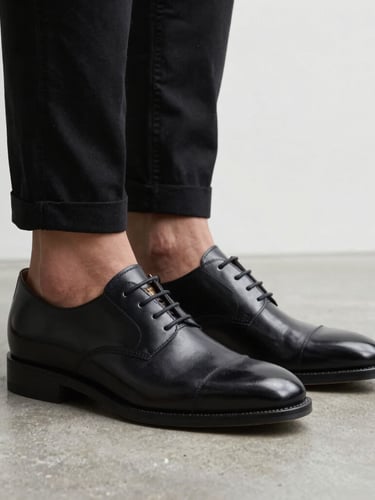 Close-up of elegant leather shoes resting on a minimalist concrete floor, soft natural side lighting, premium editorial style