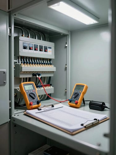 Wide environmental shot of a utility room interior during a scheduled maintenance audit — open electrical panel on the left wall, clipboard with a printed checklist resting on a metal shelf, diagnostic multimeter connected to terminals, cool overhead fluorescent light, no person visible, focus on the instruments and documentation