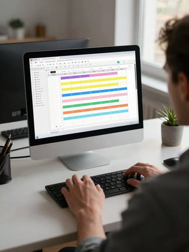 Over-the-shoulder tight shot of a man at a co-working desk, both hands on keyboard, a calendar management tool open on screen with color-coded booking blocks, soft diffused afternoon light from a window to the right