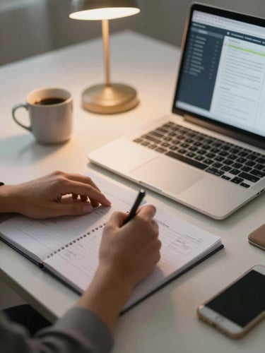 Close crop of hands on a desk writing notes next to an open laptop showing an owner reporting dashboard, warm desk lamp illuminating papers and a coffee mug, shallow depth of field, editorial feel