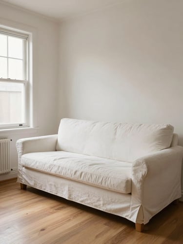 Wide interior shot of a clean, minimal short-term rental living room, natural window light from the left, white linen sofa and warm wood tones, well-composed and still, no people, framed from chest height