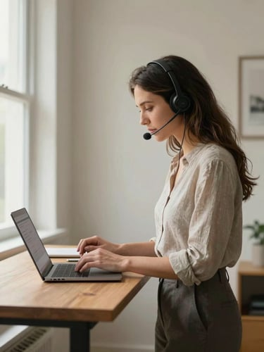 Medium shot from the side of a woman at a standing desk in a bright home office, headset on, one hand scrolling through a messaging platform on a laptop, natural window light from the left, neutral linen wall behind her