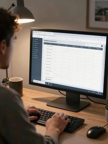 Close profile view from behind, team member at a home-office desk reviewing a booking calendar on a large monitor, soft desk lamp casting warm side light, hands resting on keyboard, booking platform visible on screen