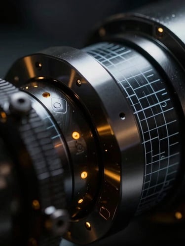 Macro technical close-up of high-precision aerospace components, stark key lighting, deep shadows, amber indicator lights, blueprint overlay lines