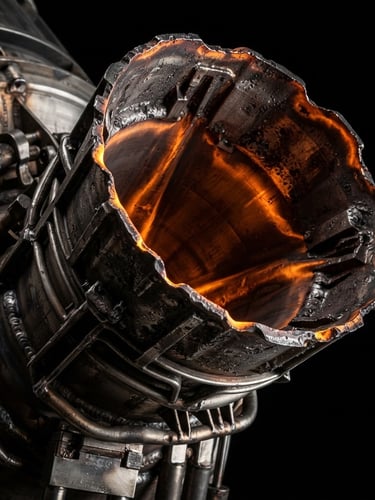 Stark macro photograph of an aerospace propulsion nozzle, dramatic key lighting, deep black background with glowing orange thermal indicators, ultra-detailed technical render