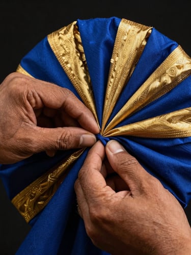 Close-up of skilled hands meticulously working on intricate folds of a royal blue and gold turban, dramatic studio lighting, sharp focus, highlighting the texture of the fabric.