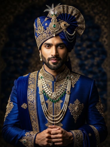 A regal Indian groom in a deep royal blue turban with intricate gold embroidery, dramatic high-contrast studio lighting, sharp focus, 85mm portrait lens, showcasing flawless symmetry and rich texture.