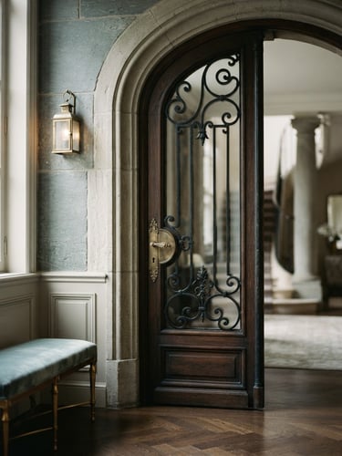 Architectural detail of a classic Geneva mansion entrance, soft natural daylight, shallow depth of field, 35mm