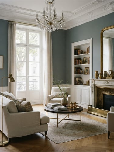 Elegant classic Geneva apartment interior with high ceilings, delicate white moldings, and warm brass details, bathed in soft morning daylight, architectural editorial photography.