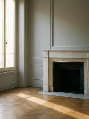 Elegant minimalist interior of a Geneva residence with polished herringbone parquet floor and marble fireplace, sunlight streaming through tall window, 35mm photography