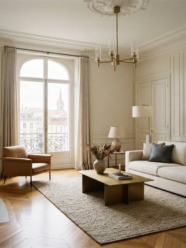 Elegant luxury Geneva townhome interior with high ceilings, classical moldings, soft natural daylight streaming through tall windows, polished parquet floors, minimalist high-end design, 35mm photography