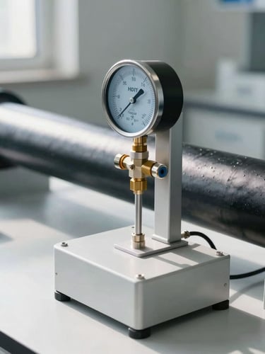 A bright, clean industrial testing laboratory, a high-precision digital pressure gauge testing a thick  HDPE pipe, morning light, sharp focus, technical details, 35mm